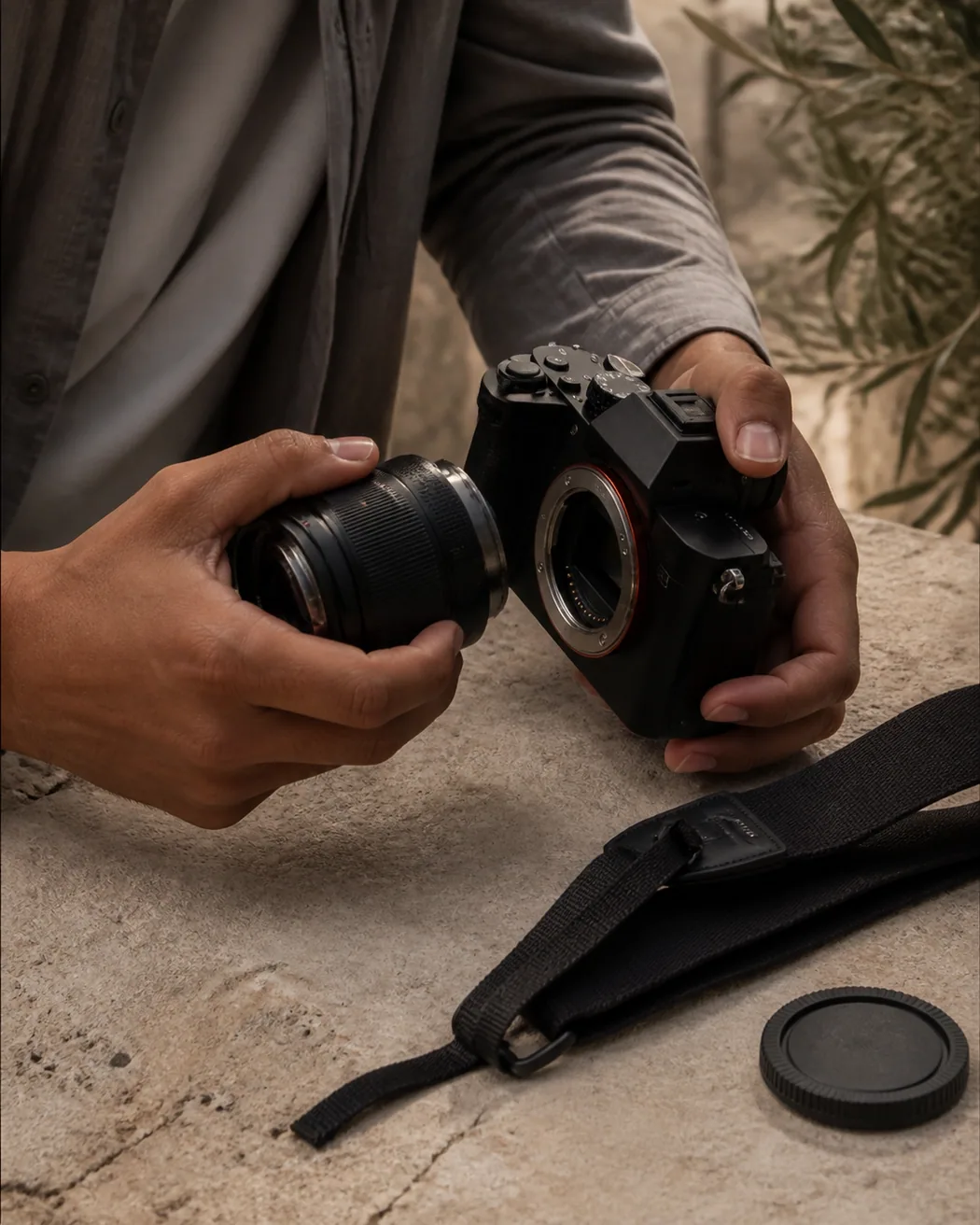 Reydel cambia l'obiettivo di una fotocamera mirrorless