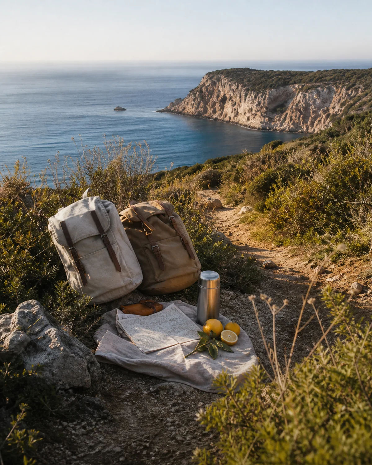 Küstenweg mit Picknickausrüstung